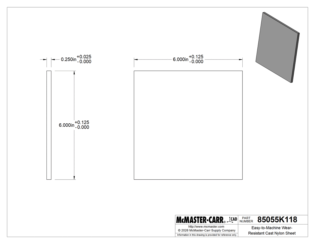 Technical Drawing of Easy-to-Machine Wear-Resistant Cast Nylon Sheet, 6" x 6" x 1/4".